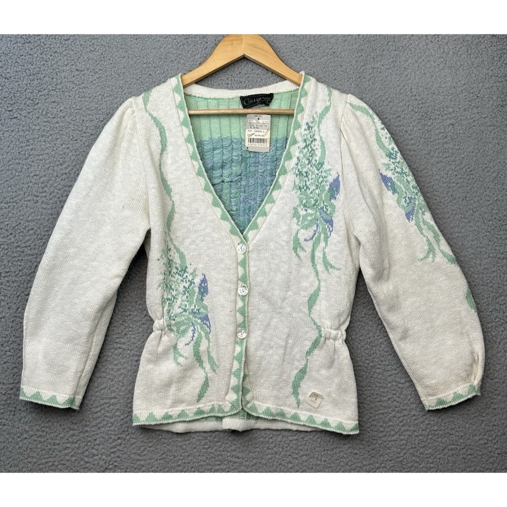 VTG Cullinane HandKnit Cotton Cardigan Sweater Small Ivory Mint Floral ILGWU NWT